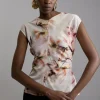 Abstract Floral Satin Crepe Woven Gathered Detail Top