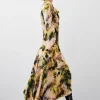Abstract Print Viscose Satin Asymmetric Woven Maxi Dress