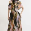 Abstract Pussy Bow Tie Georgette Belted Woven Midi Dress