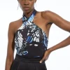 Abstract Swirl Printed Jersey Crepe Cross Neck Bodysuit