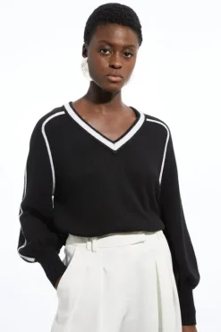 Alpaca Wool Blend Contrast Knit V Neck Sweater