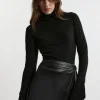 Alpaca Wool Blend Pleated Silk Woven Cuff Knit Top