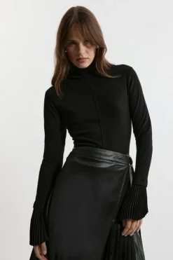 Alpaca Wool Blend Pleated Silk Woven Cuff Knit Top