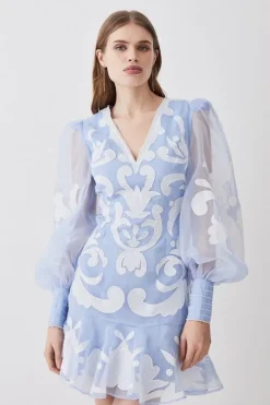 Applique Organdie Buttoned Woven Mini Dress