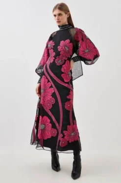 Applique Organdie Floral Graphic Woven Maxi Dress