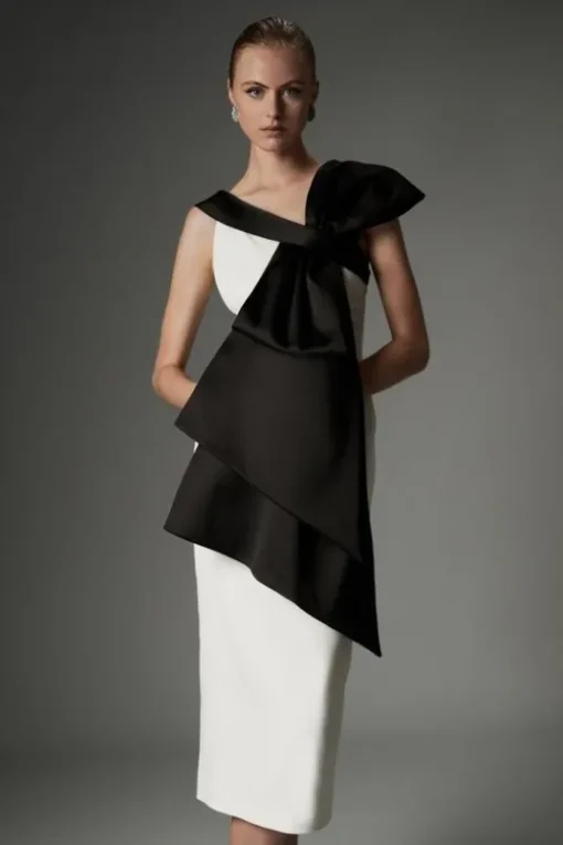 Archive Collection - Petite Bow Detail Off The Shoulder Crepe Woven Midi Dress