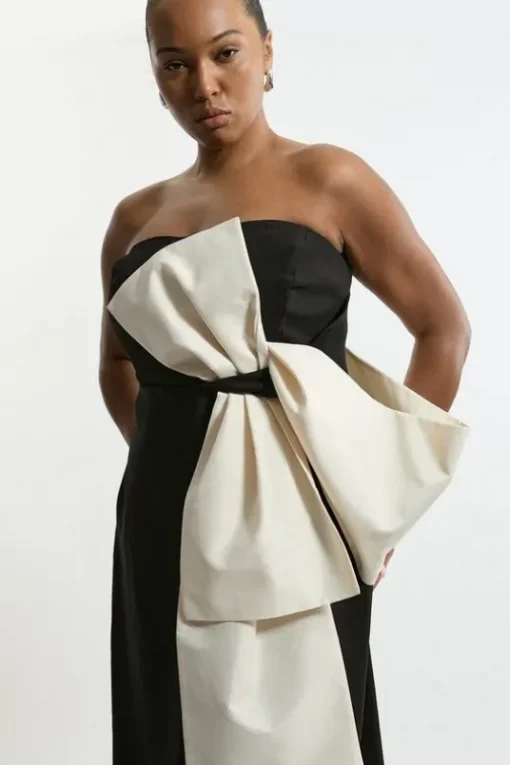 Archive Collection - Plus Size Bow Detail One Shoulder Crepe Woven Midi Dress
