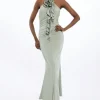 Backless Tie Rosette Slinky Jersey Maxi Dress