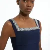 Bandage Figure Form Knit Embellished Square Neck Top