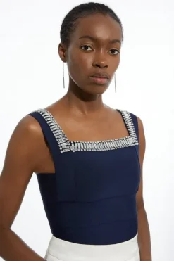 Bandage Figure Form Knit Embellished Square Neck Top