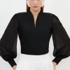 Bandage Figure Form Zip Detail Chiffon Sleeve Knit Top