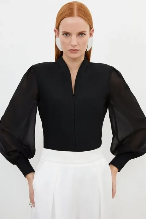 Bandage Figure Form Zip Detail Chiffon Sleeve Knit Top