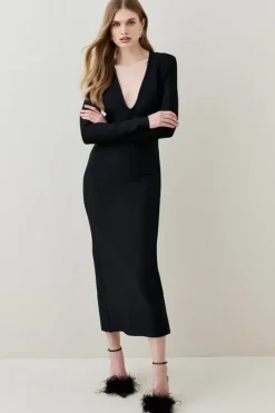 Bandage Form Fitting Deep V-Neck Midaxi Knit Dress