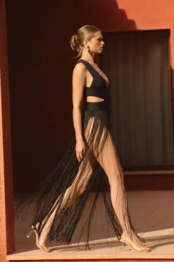 Bandage V Neck Cut Out Fringed Swimsuit