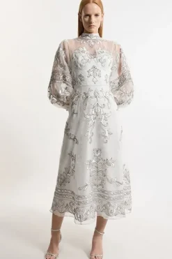 Baroque Organdie Applique Buttoned Woven Maxi Dress
