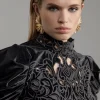 Barouque Placed Velvert Cutwork Puff Sleeve Woven Mini Dress