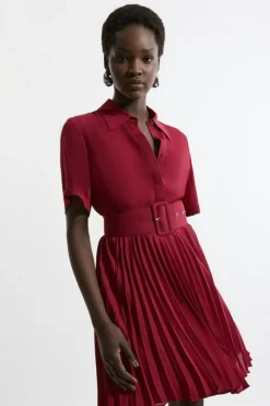 Belted Georgette Pleat Woven Mini Dress