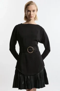 Belted Ponte Jersey Frill Hem Mini Dress