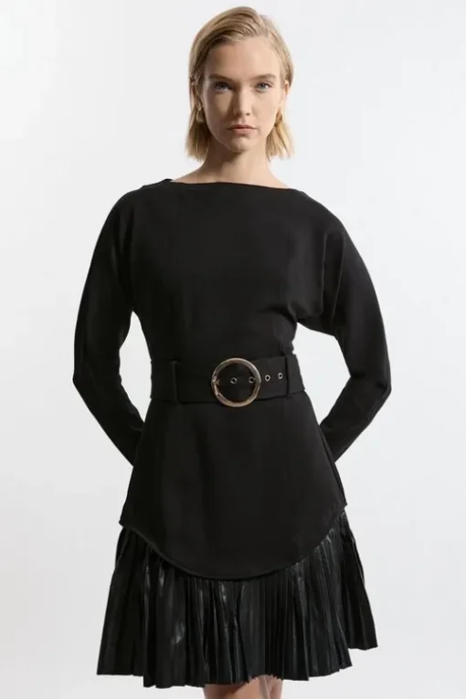 Belted Ponte Jersey Frill Hem Mini Dress