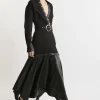 Belted Pu And Ponte Jersey Frill Hem Midi Dress