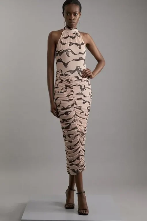 Black Bow Jersey Mesh Halter Ruched Midi Dress