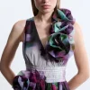 Blurred Floral Organdie Rosette Detail Midaxi Dress