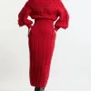 Bobble Detail Balloon Sleeve Cable Knit Viscose Blend Midaxi Dress