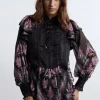 Boho Floral Woven Blouse With Lace Front Detail