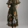 Botanical Embroidery Organdie Angel Sleeve Midi Dress