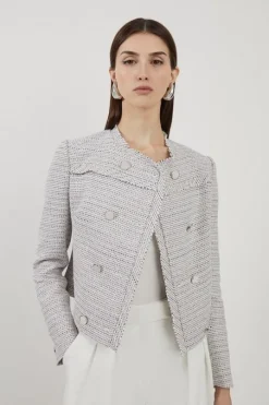 Boucle Double Breasted Collarless Tailored Jacket