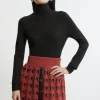 Boucle Knit Dogtooth Jacquard Pu Trim Skater Skirt