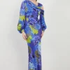 Bright Floral Print Satin Cold Shoulder Draped Midi Dress