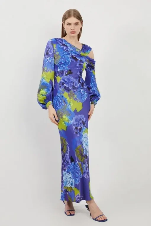 Bright Floral Print Satin Cold Shoulder Draped Midi Dress