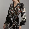 Butterfly Print Viscose Crepe Woven Wrap Mini Dress