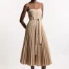 Button Detail Fabric Belt Woven Midi Dress