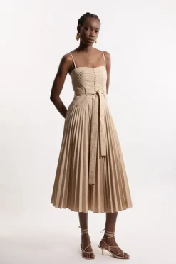 Button Detail Fabric Belt Woven Midi Dress