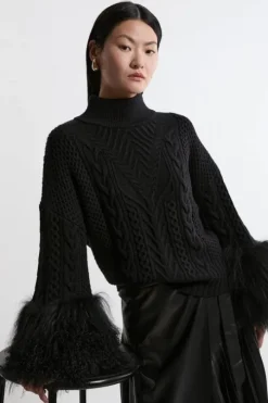 Cable Knit Viscose Blend Shearling Cuff Sweater