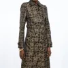 Chain Jacquard Tailored Double Breasted Belted Trench Midi Coat