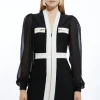 Chiffon Sleeve Zip Through Bandage Knit Midi Dress