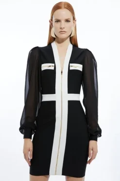 Chiffon Sleeve Zip Through Bandage Knit Midi Dress