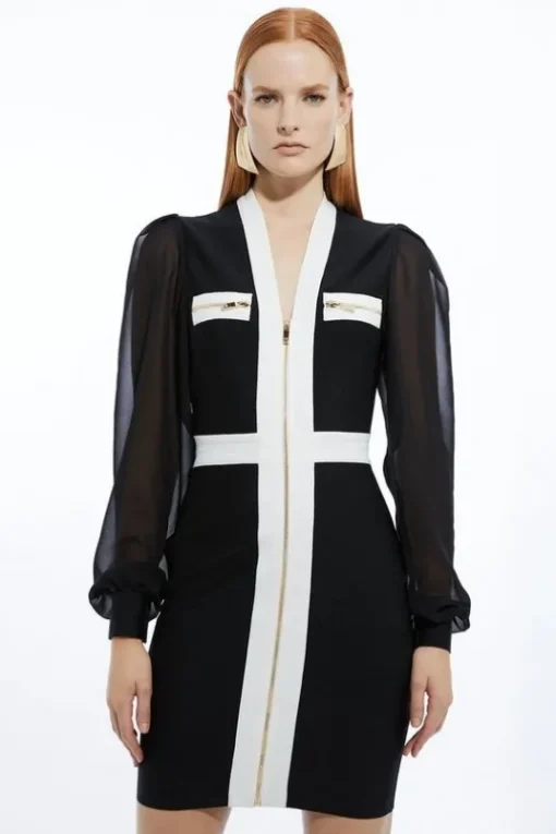 Chiffon Sleeve Zip Through Bandage Knit Midi Dress