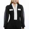 Chiffon Sleeve Zip Through Bandage Knit Top