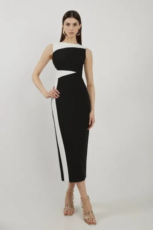 Clean Tailored Color Block Pencil Midi Dress