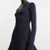 Collared Contrast Color Block Full Skirted Midaxi Knit Dress