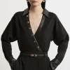 Collared V- Neck Pu And Ponte Bodysuit