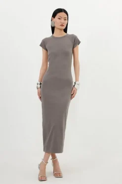 Compact Jersey Rib Cap Sleeve Maxi Dress