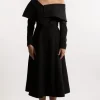 Compact Stretch Asymmetric Collar Long Sleeve Midaxi Dress