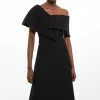 Compact Stretch Asymmetric Collar Tailored Full Skirt Maxi Dress