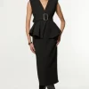 Compact Stretch Belted Peplum Tailored Maxi Dress