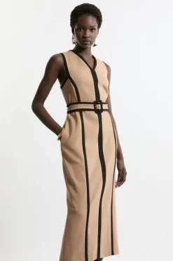 Compact Stretch Belted Sleeveless Tailored Midi Dress